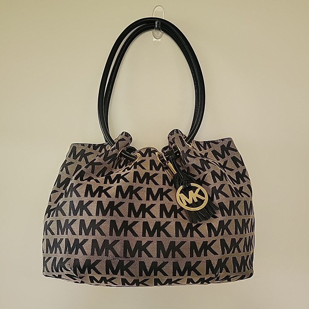Michael Kors East West Signature Jacquard Black Leather Ring Tote Shoulder Bag